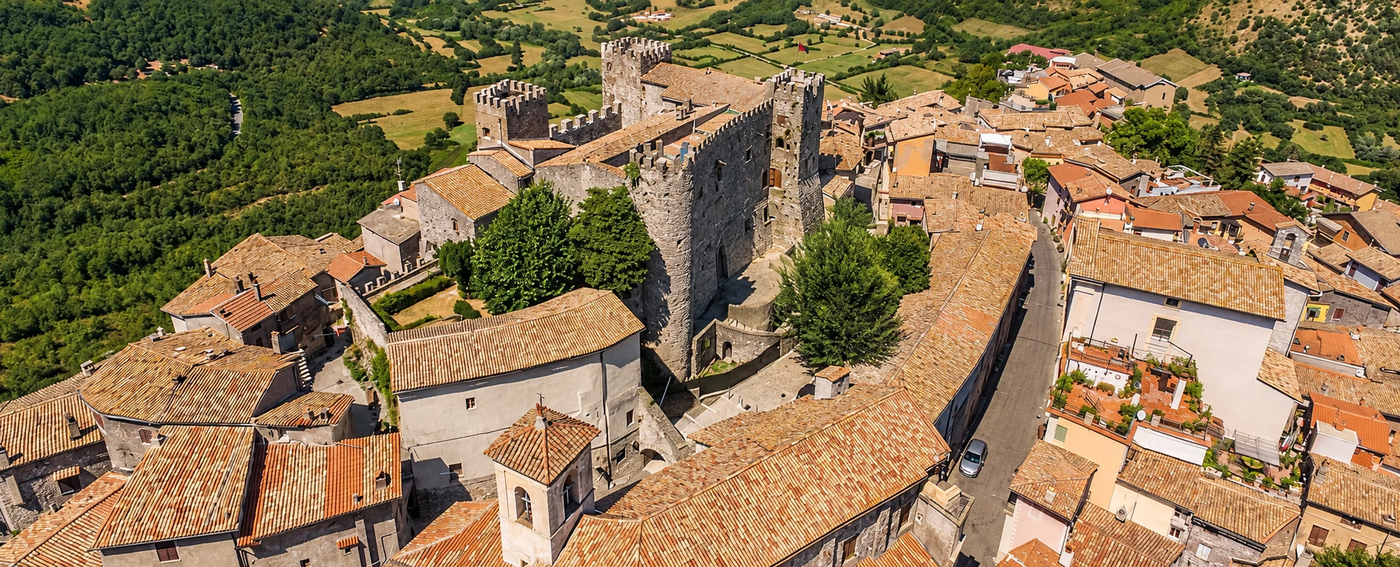 Aerial view of Theodoli Castle and the historic centre of Ciciliano
